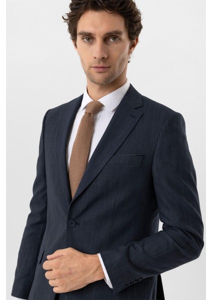 Lacivert Slim Fit Desenli Mono Yaka 6 Drop Klasik Takım Elbise