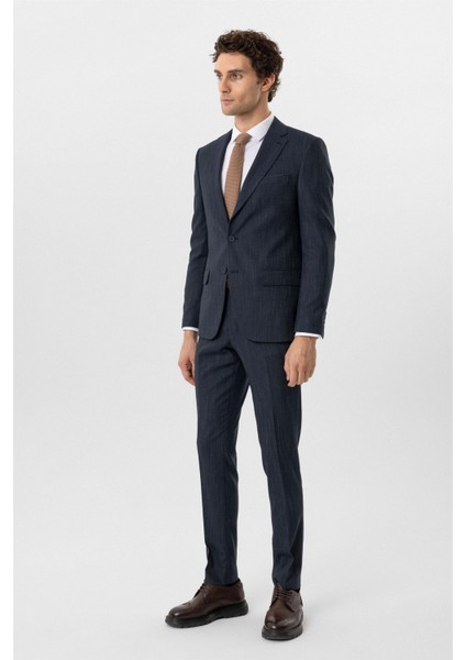 Lacivert Slim Fit Desenli Mono Yaka 6 Drop Klasik Takım Elbise