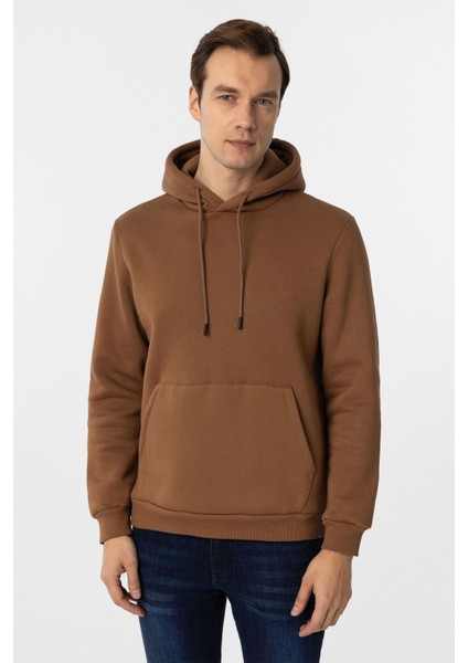 Kiremit Regular Düz Kapüşonlu Yaka Sweatshirt