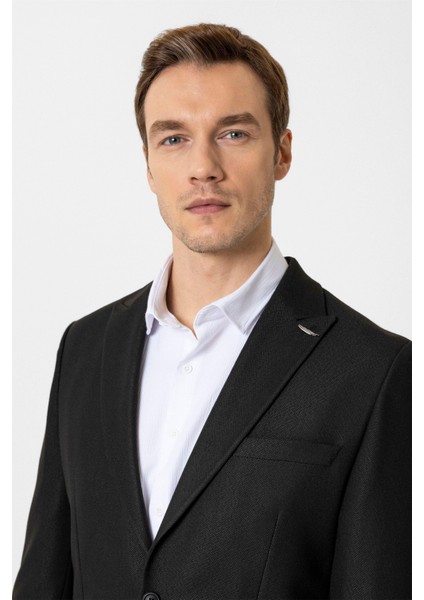 Siyah Slim Fit Desenli Sivri Yaka 6 Drop Spor Takım Elbise