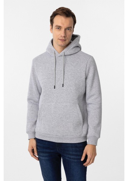 Gri Regular Düz Kapüşonlu Yaka Sweatshirt