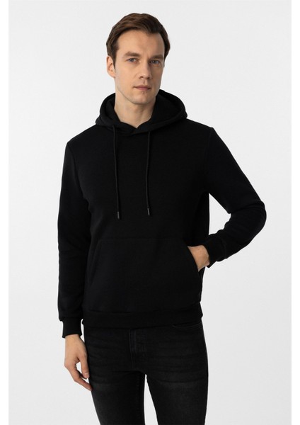 Siyah Regular Düz Kapüşonlu Yaka Sweatshirt fiyatları