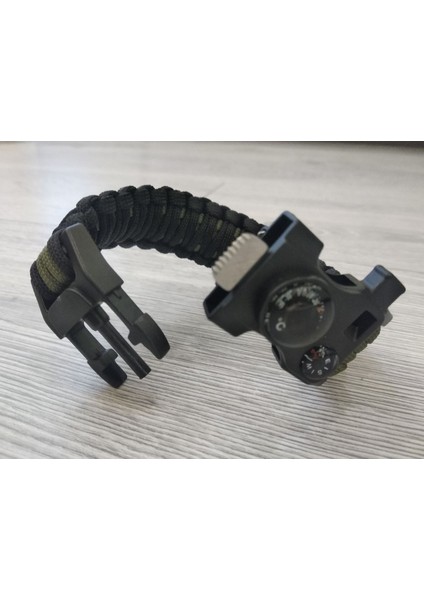 Çok Fonksiyonlu Paracord Bileklik, Ateş Başlatıcı, Pusula ve Termometre ile Siyah