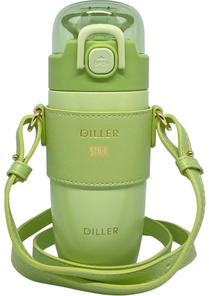 Pastel Renkli 360ml Çelik Termos ve Pipetli Askılı, Lacivert ve Açık Yeşil