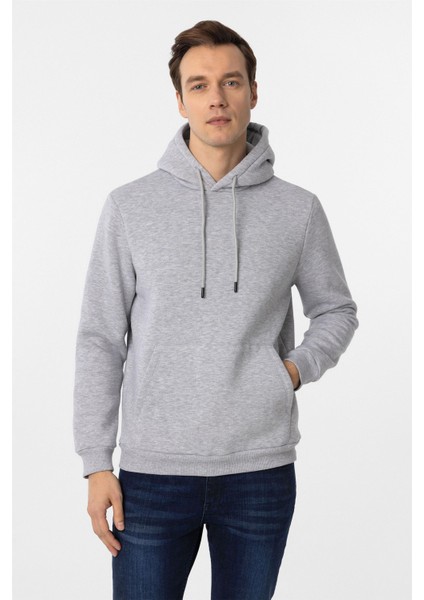 Gri Regular Düz Kapüşonlu Yaka Sweatshirt