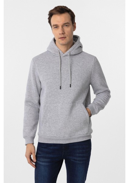 Gri Regular Düz Kapüşonlu Yaka Sweatshirt