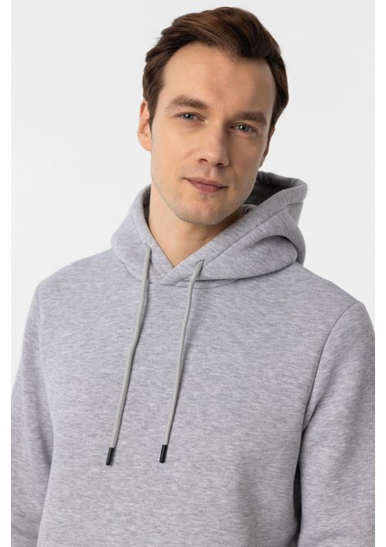 Gri Regular Düz Kapüşonlu Yaka Sweatshirt