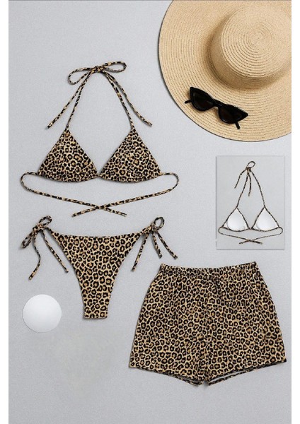 Kadın 3'lü Set Leopar Desenli Şortlu ve Yandan Bağlamalı Bikini Mayo Takımı