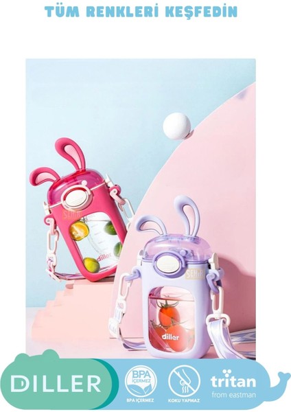 Sevimli Tavşanlar Tasarımlı 400ml Çocuk Su Matara, Pembe, Pipetli ve Hafif Tritan Malzeme