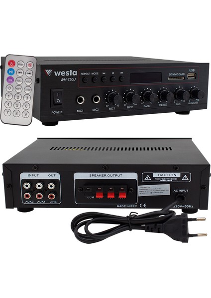 Westa WM-750U 80W Mini 100V/70V/4-16 Ohm Usb/sd/bluetooth/ Uk-2 Mik.giriş Trafolu Anfi (5051)