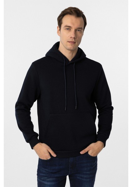 Lacivert Regular Düz Kapüşonlu Yaka Sweatshirt