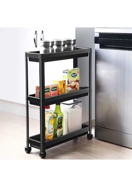 Slim 3 Katlı Tekerlekli Raf Ünitesi Siyah Banyo Rafı Mutfak Rafı Servis Sehpası Organizer