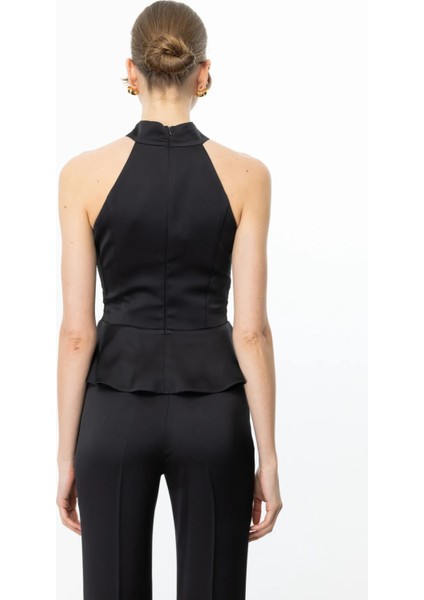 Halter Yaka Saten Bluz Siyah 03334 modelleri
