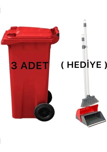 3 Adet Kırmızı Plastik Çöp Konteyneri 120 Lt Isıya Karşı Dayanıklı ve Faraş Hediyeli