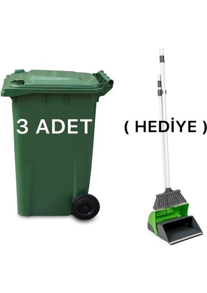 3 Adet Yeşil Plastik Çöp Konteyneri 240 Lt Isıya Karşı Dayanıklı Faraş Hediyeli