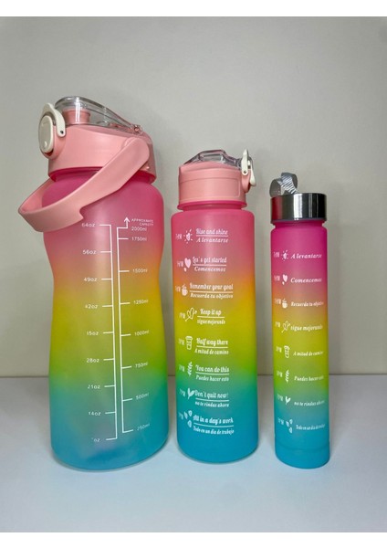 Mor 3'lü set, BPA'sız motivasyonel su şişesi ve suluk, 3 L, plastik, TR menşei