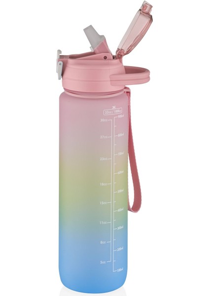 Renkli 1000ml motivasyon matara, kalın pipet, sticker hediyeli, eğlenceli kullanım fiyatları