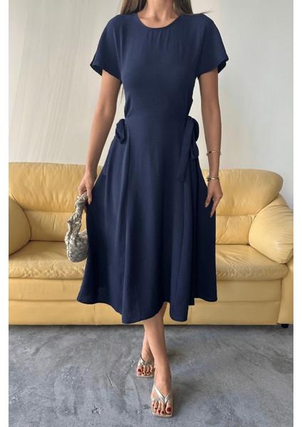 Kadın Luna Kuşaklı Ayrobin Kumaş Yazlık Elbise