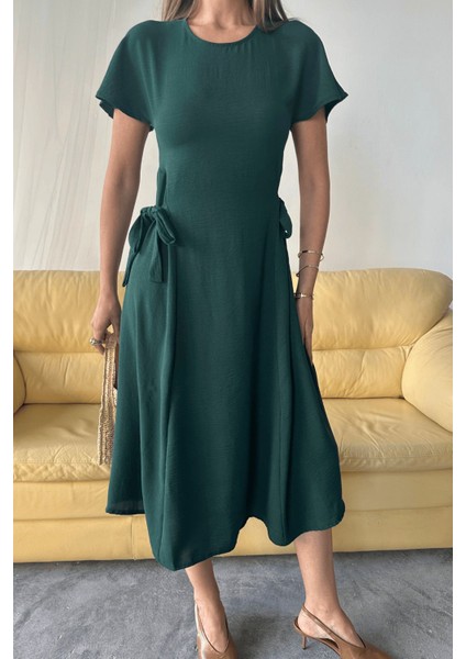 Kadın Luna Kuşaklı Ayrobin Kumaş Yazlık Elbise