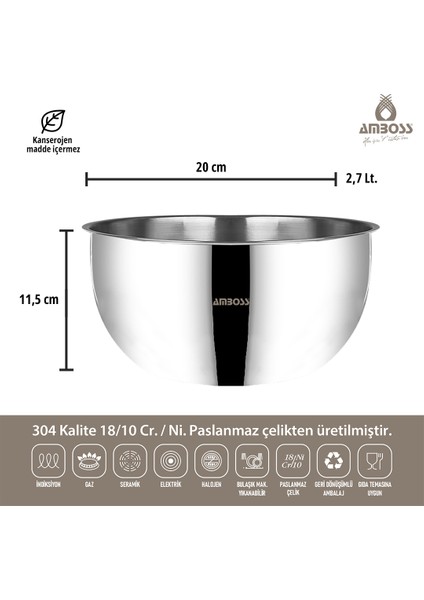 3 Parça Paslanmaz Çelik Karıştırma Kabı