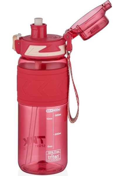 600ml Ölçülü Tritan Spor Matara, Pipetli ve Pipetsiz Kullanıma Uygun, Pembe