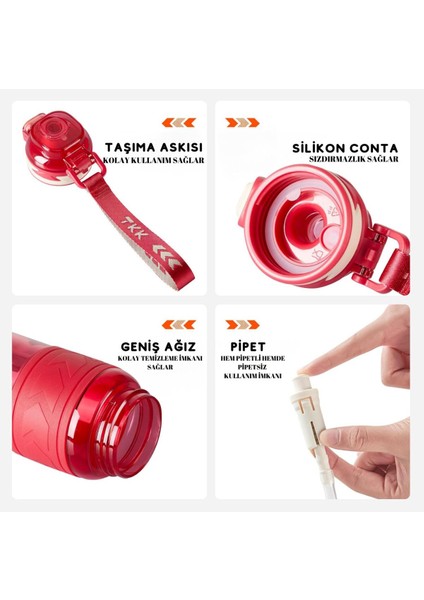 600ml Ölçülü Tritan Spor Matara, Pipetli ve Pipetsiz Kullanıma Uygun, Pembe