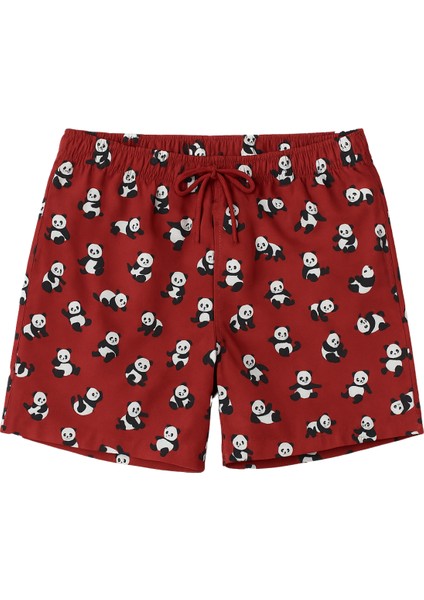 Erkek Panda Desenli Deniz Şortu Bordo