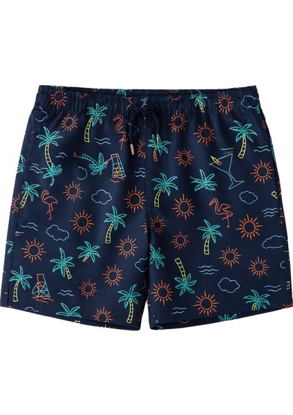 Erkek Palmiye Desenli Deniz Şortu Lacivert