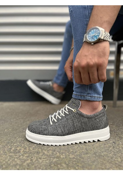 Gri Cool Bağcıklı Keten Erkek Günlük Spor Klasik Ayakkabı