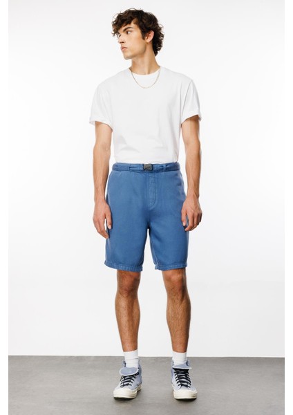 Tıger Rahat Fit Kemerli Tencel Mavi Erkek Şort