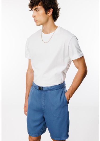 Tıger Rahat Fit Kemerli Tencel Mavi Erkek Şort