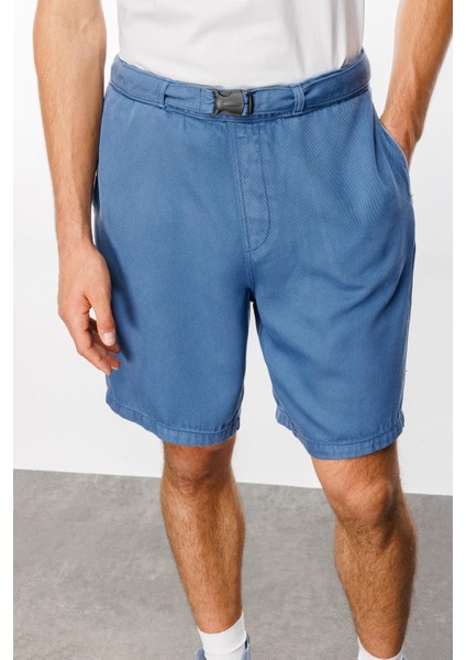 Tıger Rahat Fit Kemerli Tencel Mavi Erkek Şort