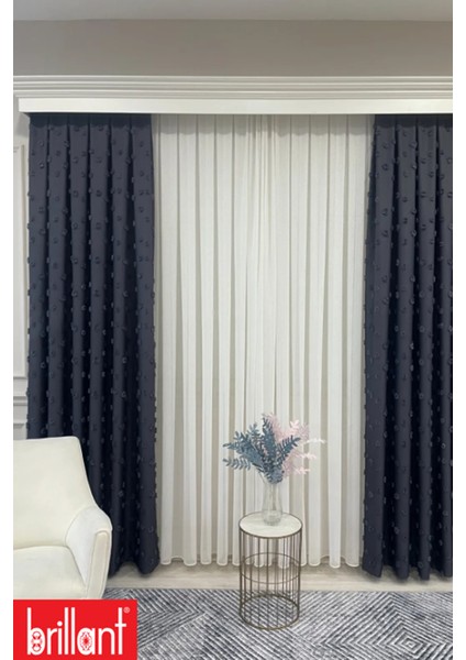 Fon Perde Antrasit Pufy Brillant Püsküllü, Ponponlu, Saçaklı Fon Perde Sık Pileli Keten Pano Fon fırsatları