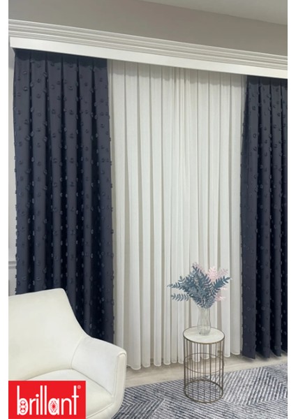 Fon Perde Antrasit Pufy Brillant Püsküllü, Ponponlu, Saçaklı Fon Perde Sık Pileli Keten Pano Fon