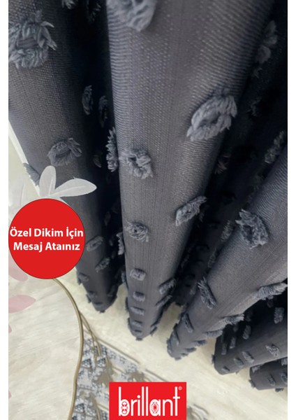 Fon Perde Antrasit Pufy Brillant Püsküllü, Ponponlu, Saçaklı Fon Perde Sık Pileli Keten Pano Fon