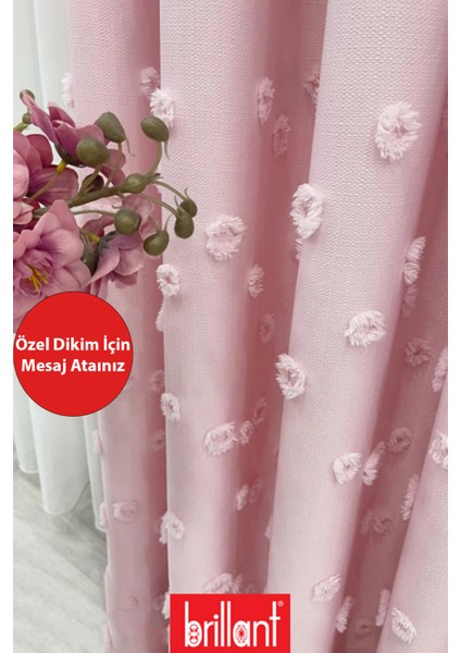 Fon Perde Şeker Pembe Pufy Brillant Püsküllü, Ponponlu, Saçaklı Fon Perde Sık Pileli Keten Pano Fon