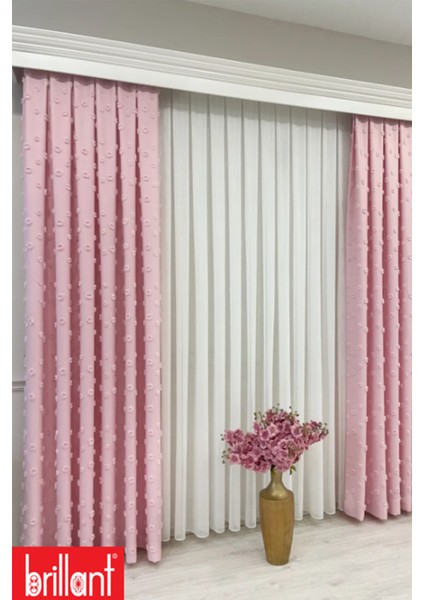 Fon Perde Şeker Pembe Pufy Brillant Püsküllü, Ponponlu, Saçaklı Fon Perde Sık Pileli Keten Pano Fon indirimleri