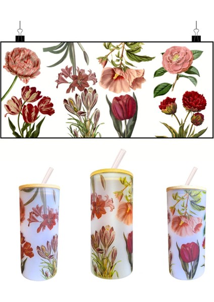 Çiçek Desenli Cam Suluk 600 ml, Pipetli, Bambu Kapaklı, Şık ve Tasarım