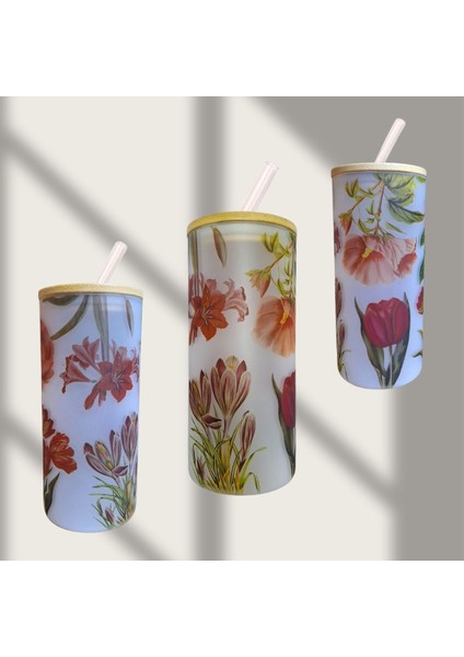 Çiçek Desenli Cam Suluk 600 ml, Pipetli, Bambu Kapaklı, Şık ve Tasarım fiyatları