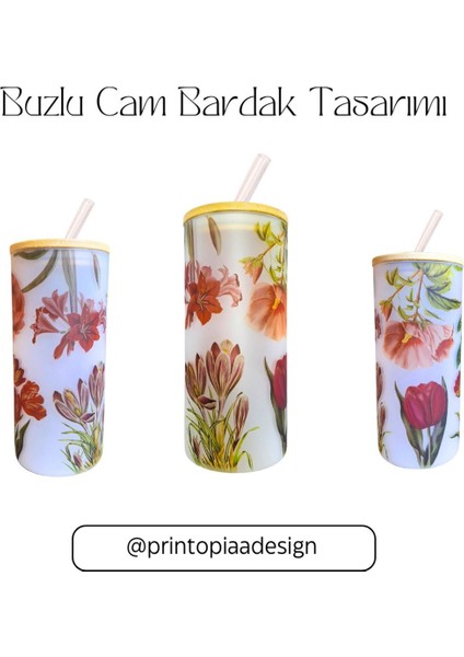 Çiçek Desenli Cam Suluk 600 ml, Pipetli, Bambu Kapaklı, Şık ve Tasarım modelleri