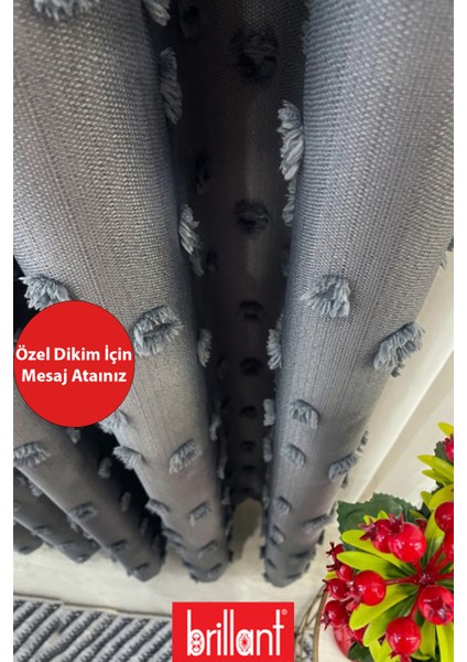 Fon Perde Koyu Gri Pufy Brillant Püsküllü, Ponponlu, Saçaklı Fon Perde Sık Pileli Keten Pano Fon
