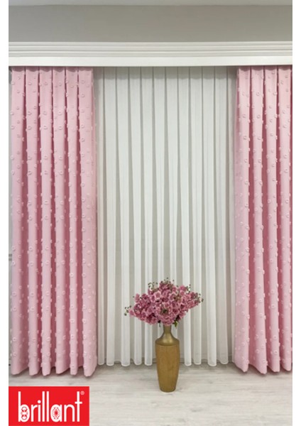 Fon Perde Şeker Pembe Pufy Brillant Püsküllü, Ponponlu, Saçaklı Fon Perde Sık Pileli Keten Pano Fon