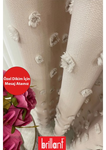 Fon Perde Bej Pufy Brillant Püsküllü, Ponponlu, Saçaklı Fon Perde Sık Pileli Keten Pano Fon