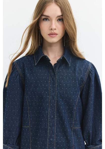 Rahat Fit Balon Kol Taşlı Rinse Koyu Indigo Kadın Jean Gömlek fiyatları