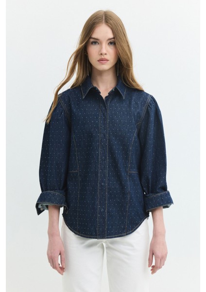 Rahat Fit Balon Kol Taşlı Rinse Koyu Indigo Kadın Jean Gömlek modelleri
