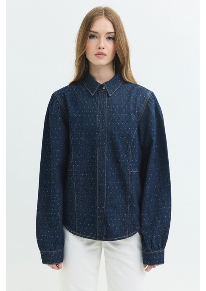 Rahat Fit Balon Kol Taşlı Rinse Koyu Indigo Kadın Jean Gömlek fırsatları