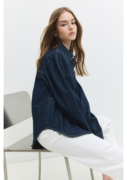 Rahat Fit Balon Kol Taşlı Rinse Koyu Indigo Kadın Jean Gömlek indirimleri