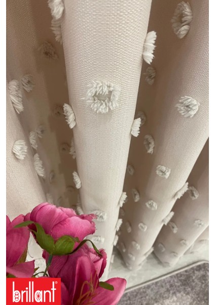 Fon Perde Bej Pufy Brillant Püsküllü, Ponponlu, Saçaklı Fon Perde Sık Pileli Keten Pano Fon fırsatları