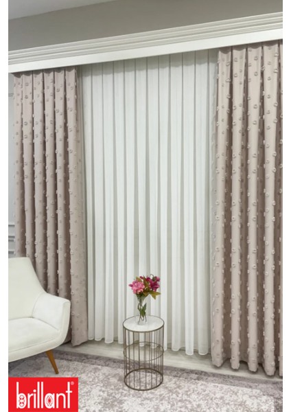 Fon Perde Bej Pufy Brillant Püsküllü, Ponponlu, Saçaklı Fon Perde Sık Pileli Keten Pano Fon indirimleri