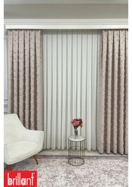 Fon Perde Bej Pufy Brillant Püsküllü, Ponponlu, Saçaklı Fon Perde Sık Pileli Keten Pano Fon